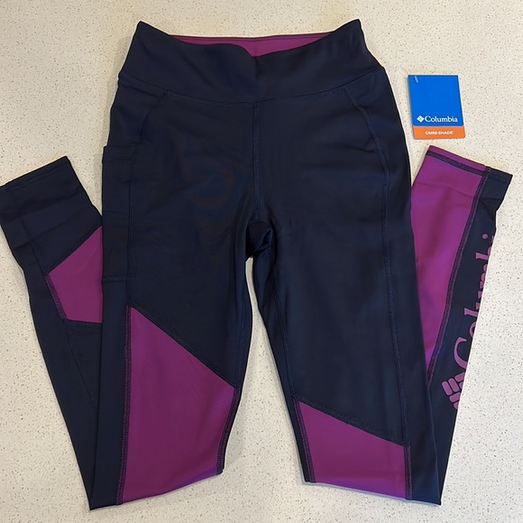 Columbia Lodge Colorblock Leggings sz Small Women’s 28” Purple Black UPF50 Hike - Picture 1 of 7